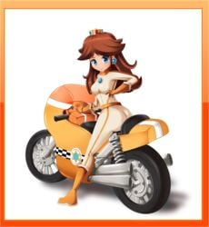 1girls ass belt big_ass blue_eyes bodysuit boots breasts brooch brown_hair butt clothing crown earrings eyebrows_visible_through_hair female female_only flower flower_earrings gem gloves handkerchief huge_ass human jumpsuit large_ass looking_at_viewer mario_(series) mario_kart motorcycle nintendo png princess princess_daisy racing_suit razorkun shoulder_length_hair smile solo thick thick_thighs thighs white_background wide_hips