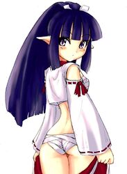 1girls ass blue_hair blunt_bangs detached_sleeves disgaea dressing fundoshi lady_samurai_(disgaea) looking_back no_pants pointy_ears ronin samurai sarashi solo tied_hair