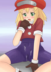 1girls blonde_hair blush cameltoe cap cum cum_on_clothes female green_eyes lobotomy_lab long_hair mega_man mega_man_legends no_pants pussy roll_caskett shirt sitting solo spandex spread_legs tagme tears