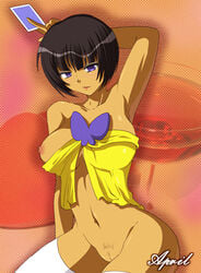 1girls april_(pop'n_music) artist_request bare_arms bare_shoulders barely_clothed black_hair blunt_bangs bob_cut bottomless_female character_name cleft_of_venus cowboy_shot facing_viewer holding_object looking_at_viewer no_bra one_breast_out photo_background playing_card pop'n_music purple_eyes pussy short_hair solo sparse_pubic_hair standing tagme thighhighs white_legwear white_thighhighs