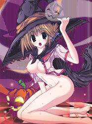 1girls akizuki_akina barefoot blue_eyes bottomless breasts brown_hair cape clothing feet female halloween hat kneeling komaki_manaka medium_breasts nipples open_clothes open_mouth open_shirt pumpkin shirt soles solo to_heart_(series) to_heart_2 witch_hat