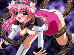 ass bent_over blush bound bound_leg breasts breasts_out female forced galaxy_angel milfeulle_sakuraba nipples open_clothes open_mouth open_shirt pink_hair rape restrained skirt tentacle tentacle_rape