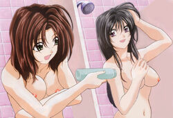 2girls 90s bath bathroom black_hair blush breasts brown_hair curvaceous edit erect_nipples female human large_breasts long_hair miyuki_kobayakawa multiple_girls nakajima_atsuko natsumi_tsujimoto nipples nude nude_filter official_art pale-skinned_female pale_skin photoshop pointy_chin police policewoman shampoo short_hair shower taiho_shichauzo yuri