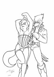 2008 anthro bulge clothes falco_lombardi fox fox_mccloud front_view fur furry furry_only gay interspecies line_art male male_only monochrome multiple_males pheasant raised_arms simple_background standing star_fox white_background yaoi