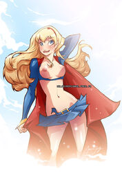 arm_behind_head blonde_hair blue_eyes breasts cape dc female hairband jessica_jung jla justice_league long_hair looking_at_viewer miladymorigane navel nipples skirt smile supergirl