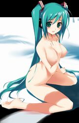 aqua_hair ass breasts butt_crack female green_eyes hatsune_miku headphones highres hima looking_at_viewer nipples nude sitting solo tied_hair twintails very_long_hair vocaloid wariza