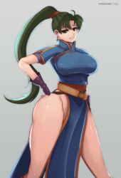 1girls bare_legs clothed_female female female_only fire_emblem fire_emblem:_the_blazing_blade green_eyes green_hair large_breasts long_hair lyn_(fire_emblem) nintendo ponytail smile solo solo_female thick_thighs thighs voluptuous zelc-face