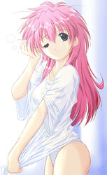 blue_eyess blue_panties bottomless broccoli galaxy_angel long_hair milfeulle_sakuraba no_pants panties pink_hair see-through shirt shirt_tug sleepy solo standing striped striped_panties underwear wince