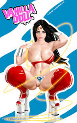 1girls 2012 areola big_breasts blue_eyes boots breasts clothing dc_comics flower_milk high_heels lasso navel nipples pussy ripped solo thighhigh_boots thighhighs vanilla_doll wonder_woman wonder_woman_(series)