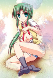 07th_expansion 1girls bare_legs blue_panties breasts female footwear green_eyes green_hair higurashi_no_naku_koro_ni large_breasts long_hair looking_at_viewer mion_sonozaki necktie nipples no_shoes open_clothes open_shirt panties shigemiya_kyouhei shirt socks solo underwear