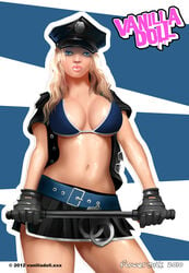 2012 beltskirt bimbo black_skirt blonde_hair bra breasts cheyenne_wild cop cum eyeshadow flower_milk hair handcuffs leaning lipstick makeup miniskirt police policewoman skirt vanilla_doll