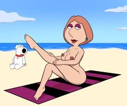 1boy 1girls 20th_century_fox 20th_century_studios beach beach_towel breasts brian_griffin canid canine clouds domestic_dog duo ear_piercing family_guy female female_focus human lipstick lockandlewd lois_griffin looking_surprised male milf nipples nude nude_female one_leg_up open_mouth outdoors red_hair red_lipstick sexy_pose voluptuous white_fur