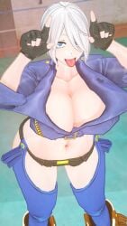 1girls angel_(kof) big_breasts black_jacket black_thong blue_eyes boots cleavage clothed cute gloves hand_gesture hands_on_head huge_breasts jacket king_of_fighters light-skinned_female light_skin looking_at_viewer pale_skin short_hair thick thick_thighs thong tongue tongue_out white_hair