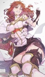 1girls armor book breasts cape celica_(fire_emblem) cleavage clenched_teeth commission dress earrings eposhim female female_only fingerless_gloves fire_emblem fire_emblem_echoes:_shadows_of_valentia gloves highres holding holding_book jewelry long_hair medium_breasts nintendo one_eye_closed orange_eyes orange_hair scratches skeb_commission skirt solo teeth thick_thighs thighs torn_cape torn_clothes torn_skirt
