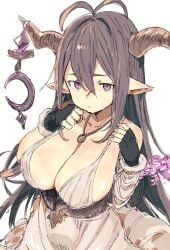 antenna_hair black_gloves black_hair breasts brown_horns cleavage closed_mouth danua draph dress female fingerless_gloves gloves gorirago granblue_fantasy hair_between_eyes highres horns large_breasts long_hair looking_at_viewer purple_eyes simple_background solo white_background white_dress