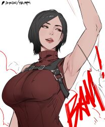 ada_wong armpits bare_shoulders black_hair bob_hair breasts brown_eyes female large_breasts leather leather_straps lips resident_evil short_hair sleeveless sleeveless_sweater smile solo straps striped sweater turtleneck upper_body yukimpoi