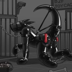 2020 anthro biped bodily_fluids bondage buttplug cage chain_leash chains collar cuff_(restraint) cum cum_on_food dog_food dragon food full_body_suit genital_fluids hacony handcuffs handles_on_butt hi_res latex_suit leash leashed_collar leg_cuffs male male_focus male_only metal_cuffs mythological_creature mythological_scalie mythology pet_food plug_(sex_toy) raised_tail restraints scalie security security_camera sex_toy slave slim_anthro slim_male slim_sub solo submissive submissive_anthro submissive_male tail