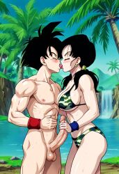 ai_generated arms_behind_back big_breasts bikini black_hair blue_eyes breast_grab camouflage_bikini civitai dragon_ball french_kiss kissing large_breasts penis son_gohan son_gohan_(young) tongue_kiss videl