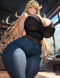 1girls ai_generated alternate_breast_size arms_behind_back bare_arms bare_shoulders belt black_bra blonde_hair bra chest_jewel cleavage curvy earrings from_below gem gigantic_breasts huge_breasts indoors jeans living_room long_hair looking_at_viewer looking_down mature_female monolith_soft muscular_female mythra mythra_(xenoblade) narrow_waist nintendo scenery shiny_skin stable_diffusion sweat thick_thighs tiara video_games wide_hips xenoblade_(series) xenoblade_chronicles_2