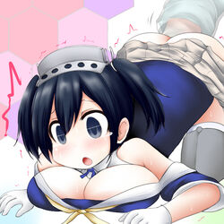 :o all_fours alternate_costume ass belt bent_over black_hair blue_background blue_hair blue_neckwear blue_shirt blushing breast_press breasts chestnut_mouth cleavage clothing cosplay dark_blue_hair dark_hair embarrassed female fingering fletcher_(kantai_collection) gloves hair_ribbon hairband hands headgear honeycomb_(pattern) honeycomb_background insertion kantai_collection large_breasts matching_hair/eyes multicolored multicolored_background neckerchief nervous off_shoulder open_mouth ouno_(nounai_disintegration) out_of_frame pink_background ribbon sailor_collar school_uniform serafuku shiny_hair shirt sidelocks skirt_lift skirt_up solo souryuu_(kantai_collection) startled sweatdrop tears top-down_bottom-up trait_connection twintails white_gloves white_ribbon white_sailor_collar wide_eyed yellow_neckwear