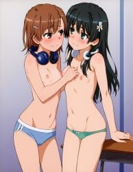 breasts_out brown_eyes eye_contact green_eyes hairpin headphones leaning_on_desk leaning_on_table misaka_mikoto saten_ruiko small_breast tummy underwear yuri