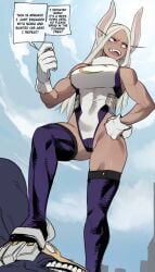 before_and_after big_breasts bunny_ears bunny_girl busty curvy dark-skinned_female dialogue fangs fit fit_female leotard miruko mr.skull my_hero_academia ratatatat74 red_eyes rumi_usagiyama slim_waist smile superheroine text voluptuous white_hair