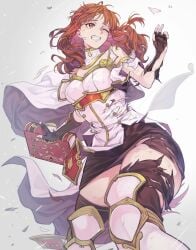 1girls armor bare_thighs book breasts cape celica_(fire_emblem) cleavage clenched_teeth commission dress earrings eposhim female female_only fingerless_gloves fire_emblem fire_emblem_echoes:_shadows_of_valentia gloves holding holding_book jewelry long_hair medium_breasts nintendo orange_eyes orange_hair scratches skeb_commission skirt solo teeth thick_thighs thighs torn_cape torn_clothes torn_skirt
