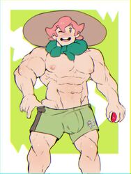 1boy abs bara freckles hat human male male_only milo_(pokemon) muscular muscular_male nintendo poke_ball pokemon pokemon_ss robokeh shorts solo source_request topless yaoi yarrow_(pokemon)