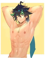 0vv0b abs armpits arms_up black_hair body_markings genshin_impact kinich_(genshin_impact) male male_focus male_only muscular muscular_male nipples pecs solo solo_focus solo_male