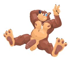 anthro areola balls banjo-kazooie banjo_(banjo-kazooie) barefoot bear blue_eyes blush brown_fur claws erection fur hairy_balls humanoid_penis jewelry long_penis looking_at_viewer male male_only mammal navel necklace nipples nude pawpads paws pecs penis pose raised_arm rareware sitting skoogers slightly_chubby smile solo teeth toe_claws uncut ursid video_games