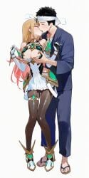 1boy ai_generated bare_shoulders black_hair blonde_hair blus breasts breasts_grab cleavage closed_eyes dress drowsy_sheep earrings female gem gloves gojou_wakana headpiece jewelry kissing kitagawa_marin long_hair mythra_(cosplay) sandals short_dress sono_bisque_doll_wa_koi_wo_suru straight tiara white_dress xenoblade_(series) xenoblade_chronicles_2