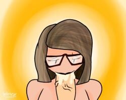 brown_hair closed_eyes closed_mouth female glasses gradient gradient_background long_hair nude orange_background signature simple_background solo upper_body yellow_background