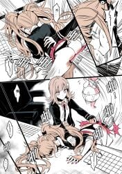 2girls absurdres ass bent_over black_panties blush clothes_lift comb computer_keyboard danganronpa danganronpa:_trigger_happy_havoc danganronpa_2:_goodbye_despair dress_shirt highres holding holding_comb hu_wa_kuaidi junko_enoshima medium_hair miniskirt monitor monomi_(danganronpa) multiple_girls nanami_chiaki neck_ribbon panties pink_ribbon pleated_skirt red_skirt ribbon shirt skirt skirt_lift spanking speech_bubble tearing_up translation_request twintails underwear white_shirt yuri