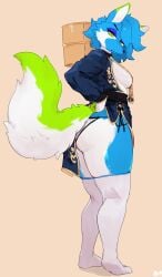 1girls absurd_res alduin_hearth_(character) anthro ass blue_fur blue_hair breasts buta99 canid canine canis clothed clothing female female_only fur furry green_eyes hair japanese_clothes looking_at_viewer mammal sideboob simple_background solo tail thick_thighs thighhighs white_body white_thighhighs