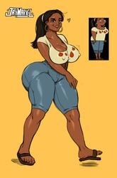 ass bare_calves beauty_mark big_ass big_breasts big_nipples breasts brown_eyes bubble_butt bursting_breasts busty calves cleavage covered_nipples dark-skinned_female dark_skin denim denim_bottomwear denim_clothing denim_shorts earrings erect_nipples female female_focus female_only huge_ass jay-marvel jeans jorts large_breasts legs leshawna_(tdi) looking_at_viewer nipple_bulge nipples open_toe_shoes sandals seductive shiny_skin skin_tight smile solo solo_female standing thick thick_thighs thighs tight_clothing total_drama_island wide_hips