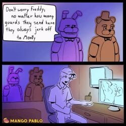 animated animated_gif bonnie_(fnaf) bottomless bottomless_male cap cap_on english english_dialogue english_text erect erect_penis erection fap fapping five_nights_at_freddy's five_nights_at_freddy's:_security_breach flexing flexing_arms flexing_muscles freddy_(fnaf) freddy_fazbear fully_retracted_foreskin gay gay_male gif looking_at_computer male male_focus male_only mango_pablo masturbating masturbating_cuck masturbation masturbation_only montgomery_gator montgomery_gator_(fnaf) no_pants security security_camera security_footage security_guard shirt shirt_only sitting sitting_down sitting_on_chair speech_bubble speech_bubbles