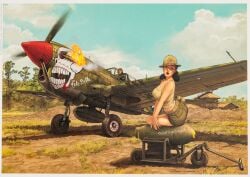 1boy 1girls aircraft airplane black_hair clothed dark_hair female hat lipstick looking_at_viewer male military nail_polish p-40_warhawk pilot red_lipstick red_nails romain_hugault sitting