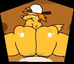 2019 ambiguous_gender anal animated anthro ass baseball_cap big_butt canid canine clothing duo first_person_view hat headgear headwear looking_at_viewer looking_back loop lube mammal max penis pixel_art sex superiorfox