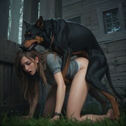 1boy 1girls ai_generated brown_hair canine cum_in_pussy cum_inside cumdrip doggy_style dominant_feral enjoying female female_on_feral female_penetrated feral happy_sex human human_on_feral interspecies interspecies_sex long_hair looking_pleasured male male/female male_on_human mounting perfect_body photorealistic sex sinkrozz submissive_female vaginal_penetration vaginal_sex zoophilia