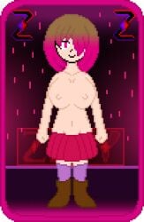 background bete_noire betty_noire big_breasts big_breasts boots brown_hair glitchtale nipples pink_eyes pink_hair purple_socks short_hair skirt smiling zixy