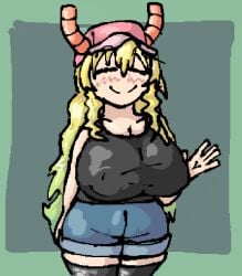 .dotase 1girls aztec_mythology big_ass big_breasts blue_jeans booty_shorts deity female female_focus goddess happy happy_female happy_smile ibispaintx jean_shorts long_hair lucoa lucoa_(maidragon) monster monster_girl multicolored_hair mythology orange_horns public_domain quetzalcoatl_(dragon_maid) waving waving_at_viewer wholesome