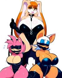 3girls ai_generated amy_rose breasts breasts_bigger_than_head domination dominatrix female female/female female_domination full_body gagged gigantic_breasts kneeling looking_at_viewer mature_female milf mullon novelai restrained rouge_the_bat sega sonic_(series) vanilla_the_rabbit whip yuri yuri