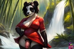 1futa ai_generated anthro bamboo black_fur black_hair furry futanari outdoors panda panda_bear penis red_dress rxmurloc34 solo waterfall white_fur yiff