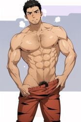 1boy ai_generated black_hair chest_hair guido_mista jojo's_bizarre_adventure looking_at_viewer male male_only muscular_male navel pants pants_only pubic_hair shirtless shirtless_(male) shirtless_male simple_background veiny_arms vento_aureo