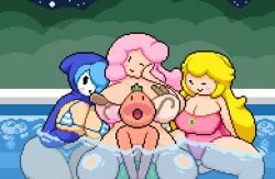 aquamarine_(okami_tomato) bikini hot_tub mario_(series) mia_(okami_tomato) one-piece_swimsuit princess_peach shy_gal tomato_(okami_tomato) water zxtomatofan