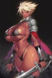 armor black_background blonde_hair breasts commentary_request dark-skinned_female dark_elf dark_skin earrings elf female gurimjang highres holding holding_sword holding_weapon jewelry large_breasts lips long_hair looking_at_viewer original parted_lips pointy_ears red_eyes short_hair solo sword thighs very_short_hair weapon