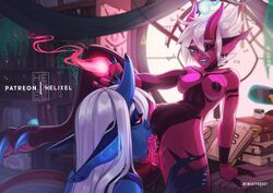 2girls areolae blue_skin breasts clothing demon demon_girl demon_horns duo female female_only hair helixel horn horns multiple_girls nipples one_eye_closed oral red_skin tongue tongue_out white_hair yuri