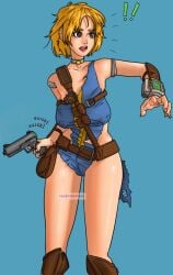 blonde_hair cwosshaiws fallout gun torn_clothes vault_suit