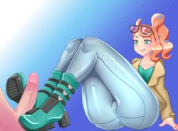 1boy 1girls bootjob boots clothing duo female glasses hair human human_only long_hair male nintendo orange_hair pants penis pokemon pokemon_ss scorchingnova shirt sonia_(pokemon) straight video_games