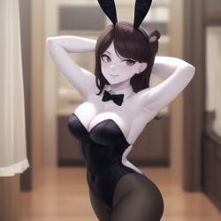 1girls ai_generated blush breasts brown_hair bunnysuit exposed_breasts female female_only fluffy human jaiden jaiden_animations jaidenanimations playboy_bunny pussy smile solo white_body